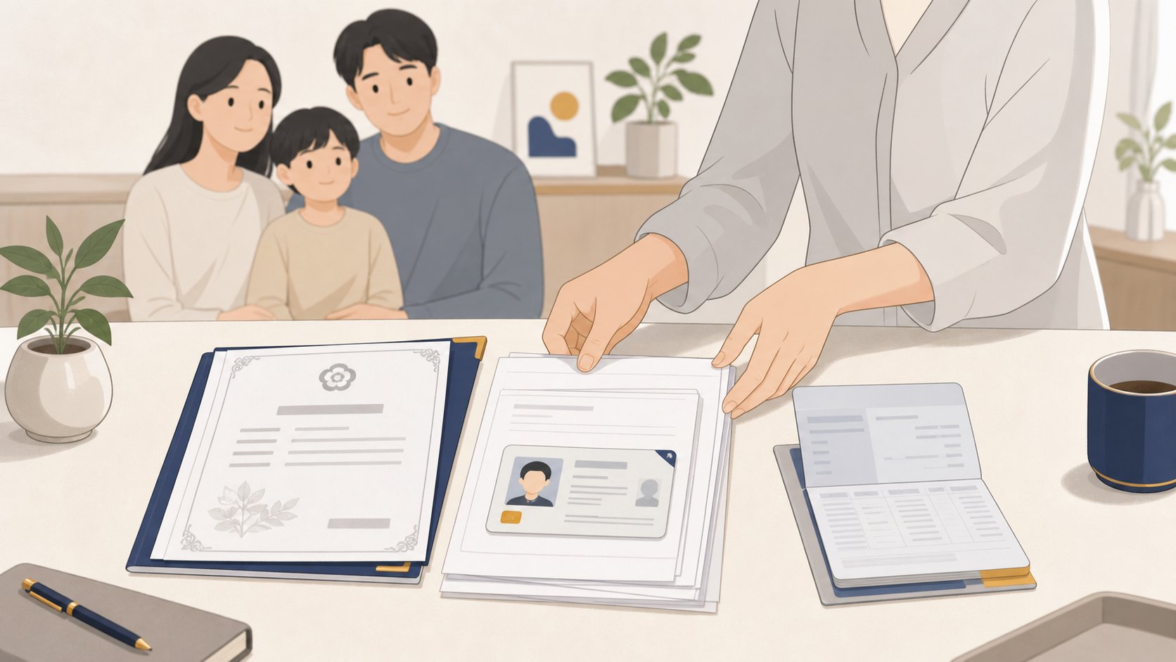 사망진단서와 신분증 통장 사본 등 장제급여 신청 서류가 책상에 가지런히 정리된 모습