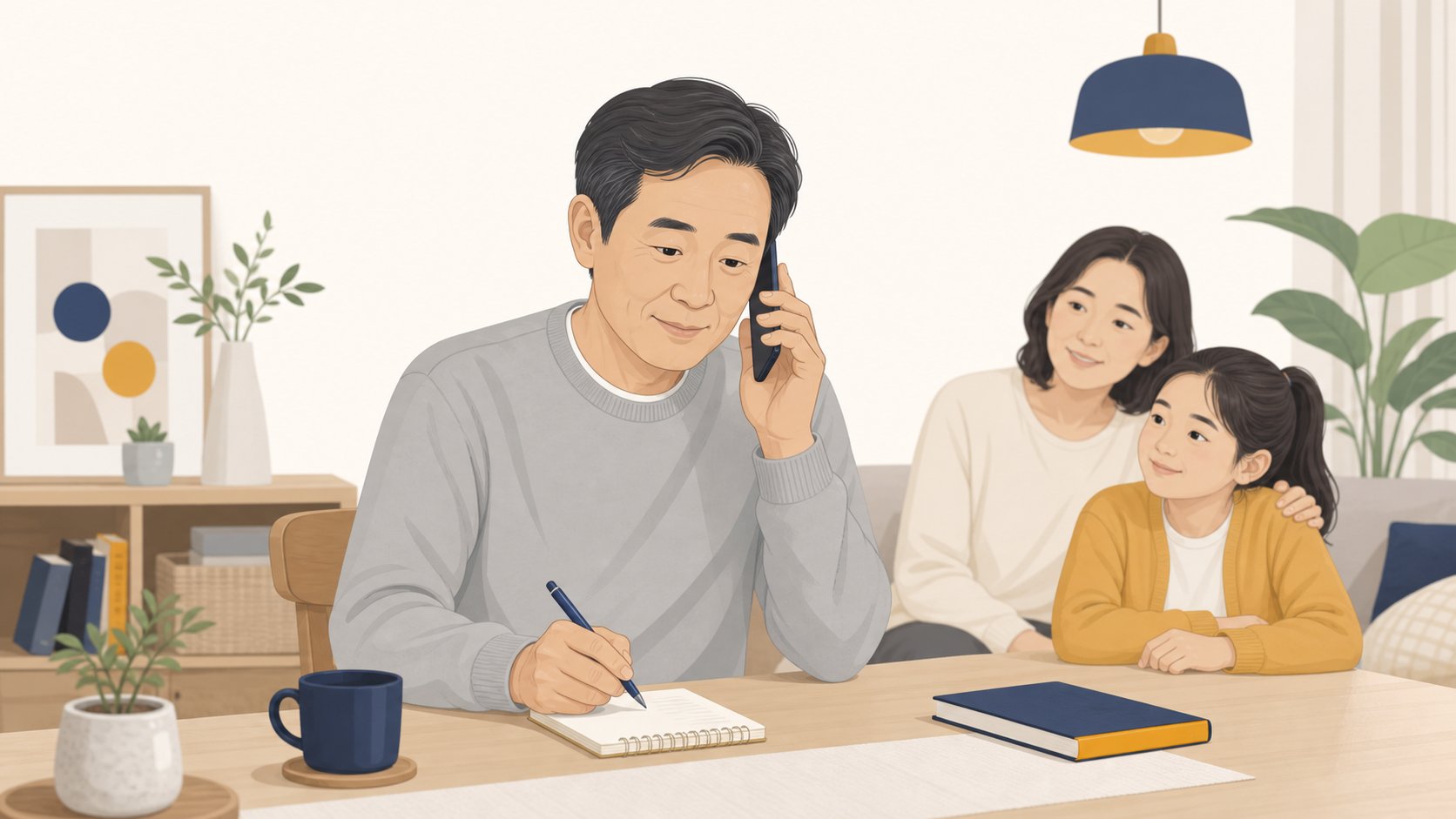 중년 자녀가 전화로 주민센터 복지 상담에 장제급여를 문의하며 메모하는 모습