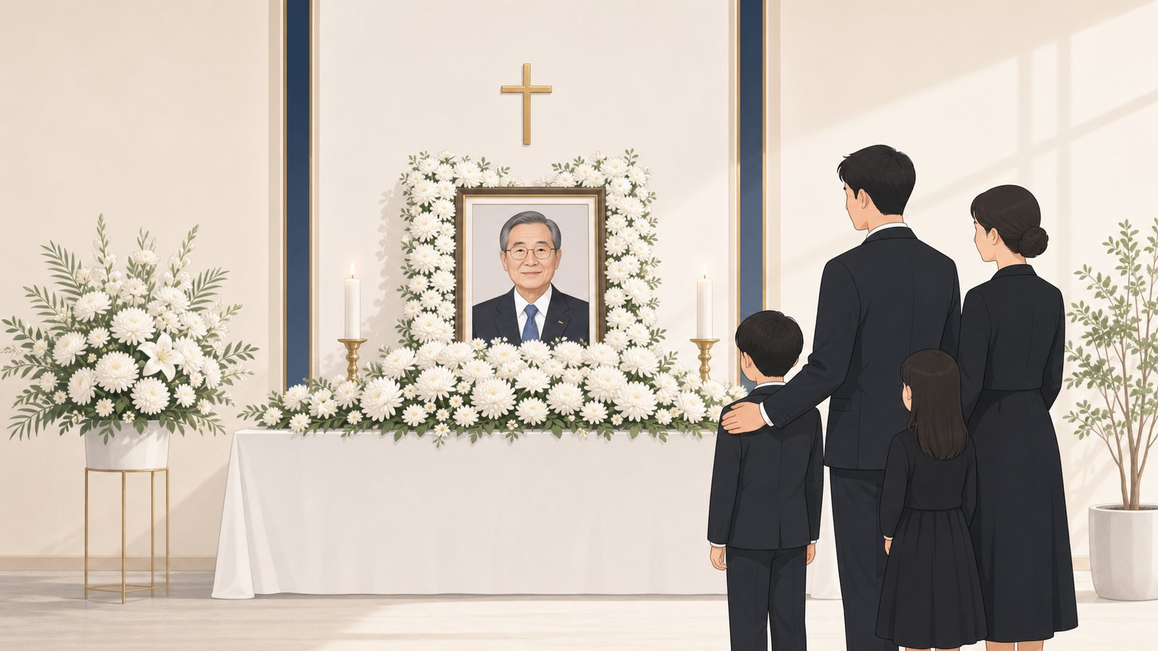 흰 국화와 고인의 사진으로 단정하게 꾸민 개신교 빈소 제단, 향로 없이 깔끔한 모습