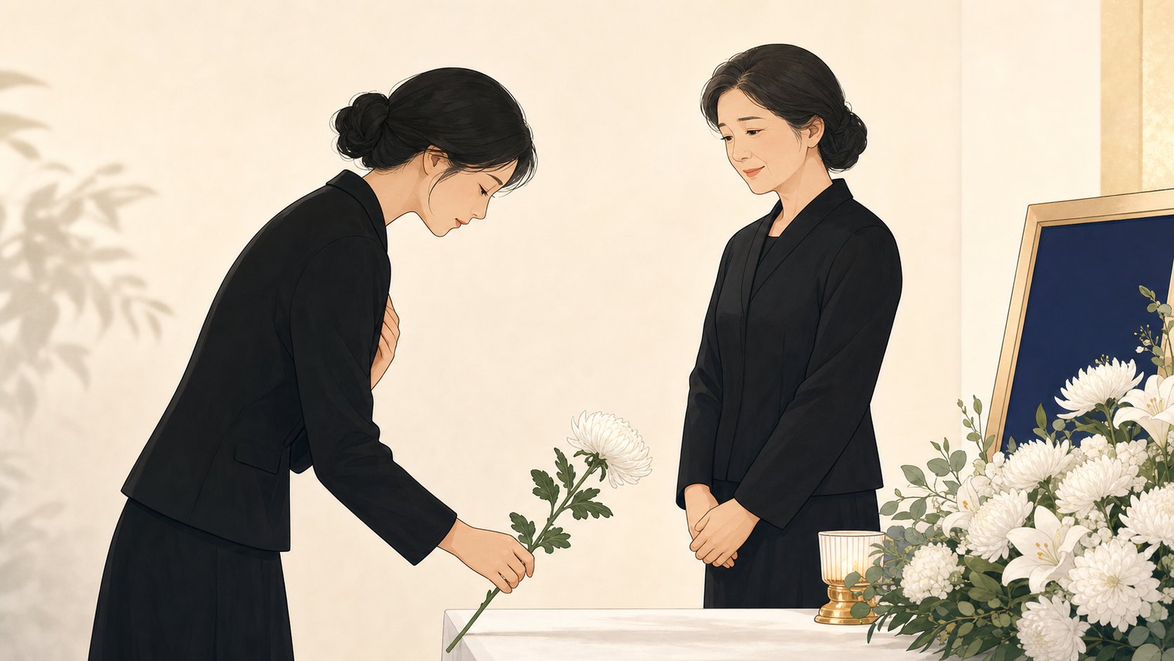 조문객이 개신교 빈소에서 흰 국화를 헌화하고 묵념하며 유족이 맞이하는 모습