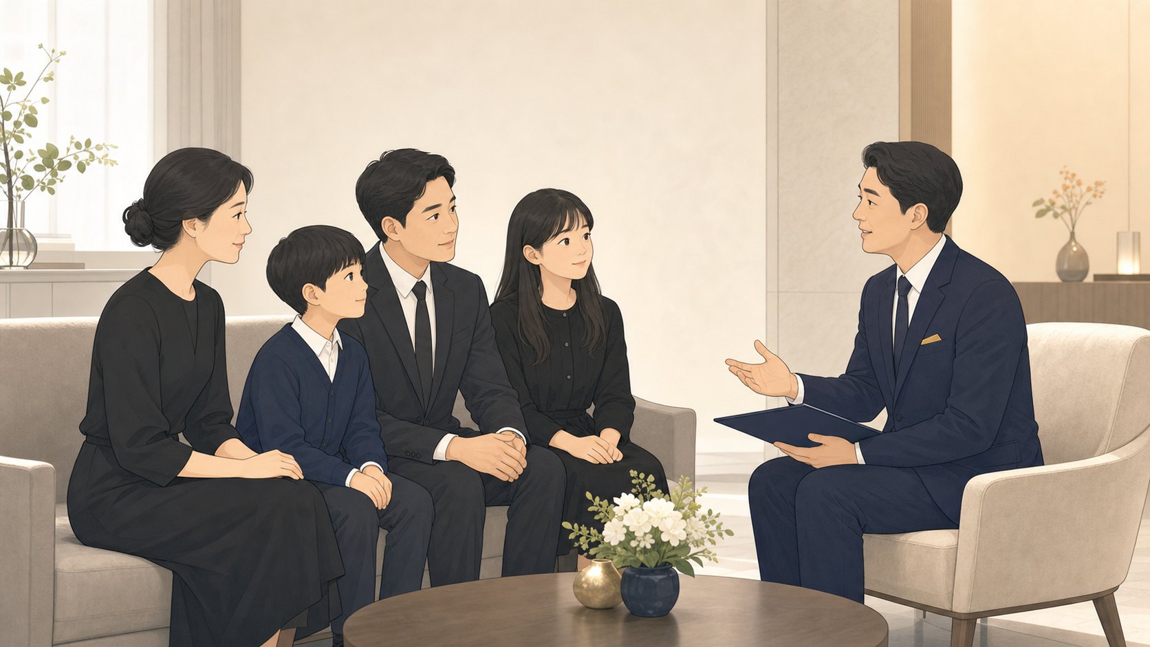 가족이 담임 목사와 빈소 한쪽에서 예배 일정을 의논하는 모습