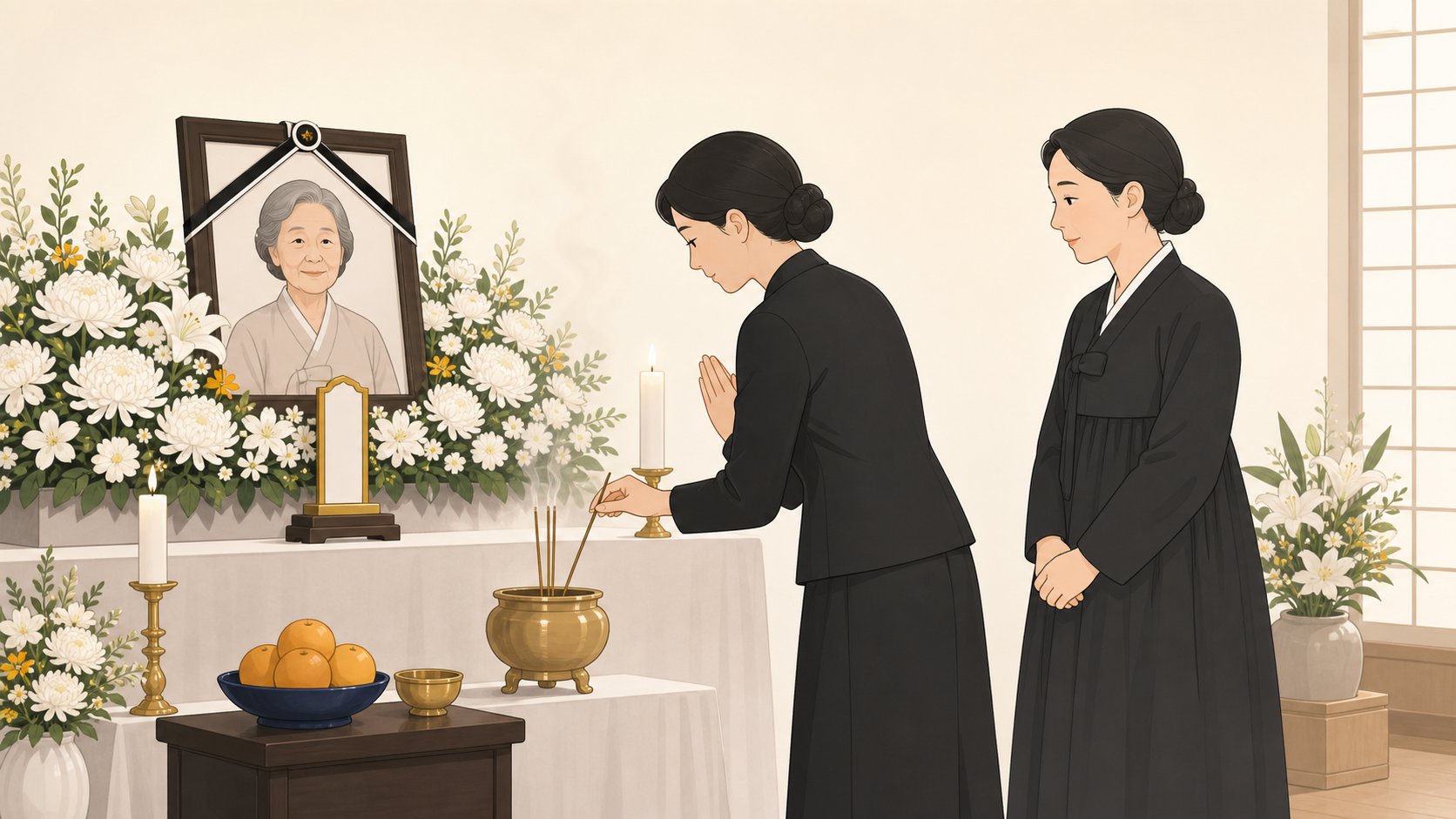 조문객이 불교식 빈소에서 향을 피우고 합장하며 영정 앞에서 예를 표하는 모습