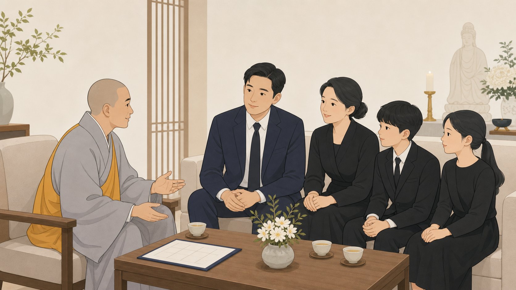 가족이 스님과 빈소 한쪽에서 49재 일정을 의논하는 모습