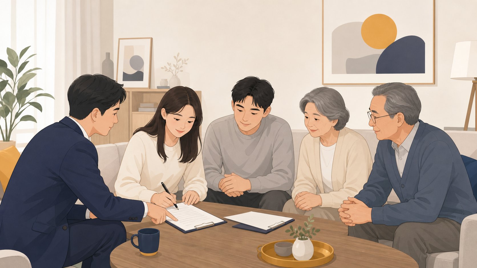 상속인들이 거실 탁자에 둘러앉아 예금 인출 동의 서류에 서명하며 의논하는 모습