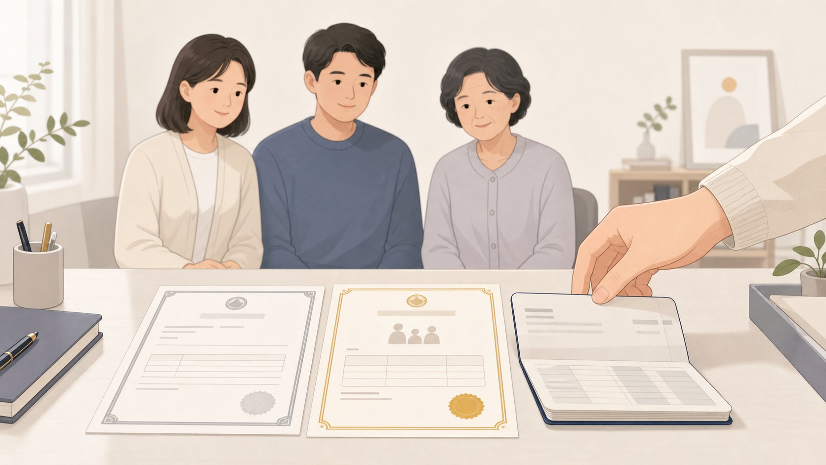 사망진단서와 가족관계증명서 통장 등 은행 제출 서류를 가지런히 정리하는 손