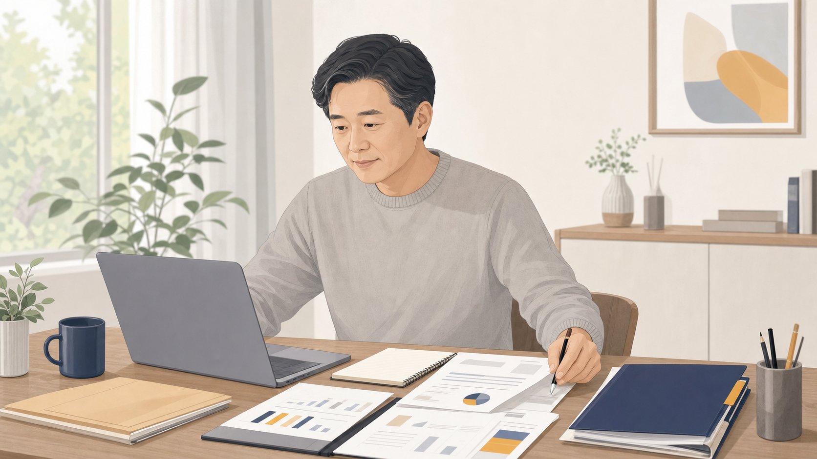 안심상속 원스톱 서비스로 고인의 금융 재산 조회 결과를 노트북으로 정리하는 모습