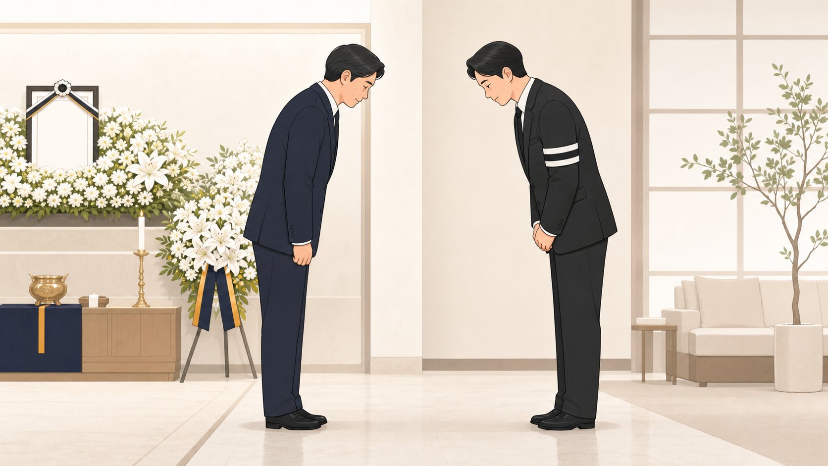 조문객이 상주와 마주 서서 짧은 위로의 말을 건네고 상주가 목례로 답하는 모습