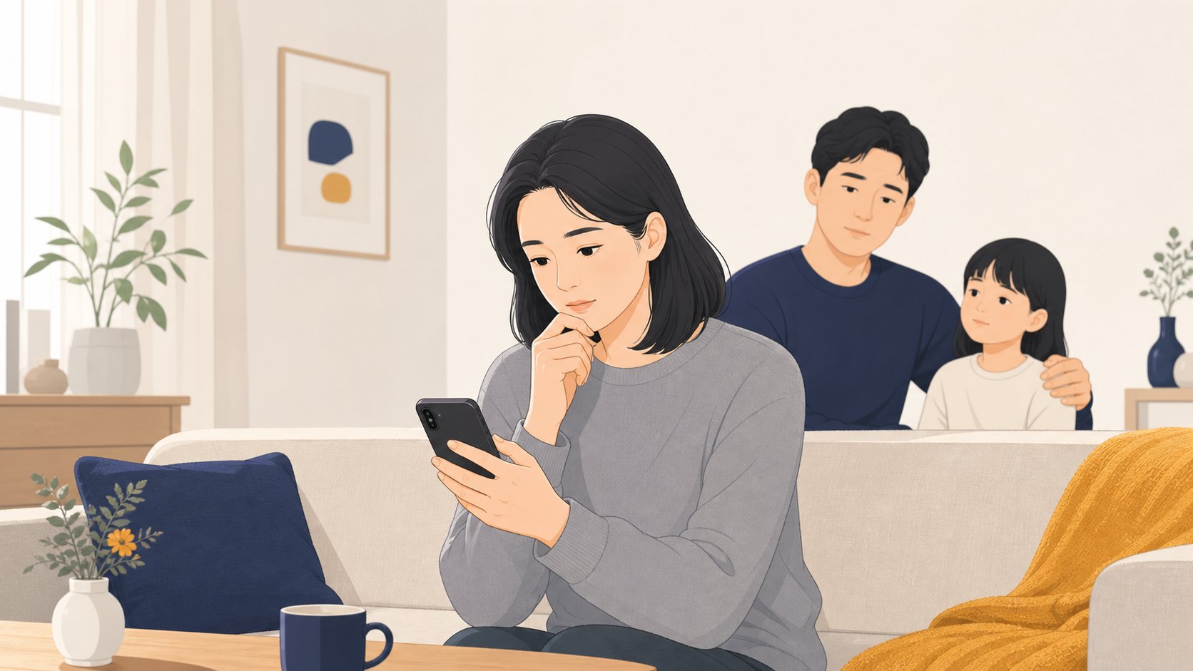 한 사람이 휴대폰으로 조문 문자를 신중하게 작성하는 모습