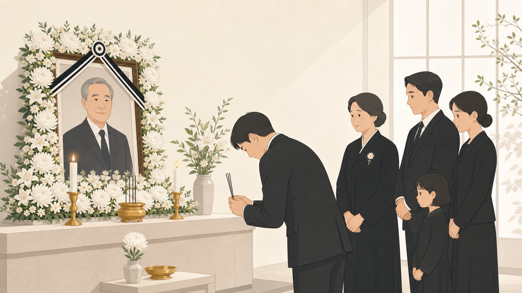 조문객이 빈소 영정 앞에서 분향하고 고개 숙여 예를 표하는 모습