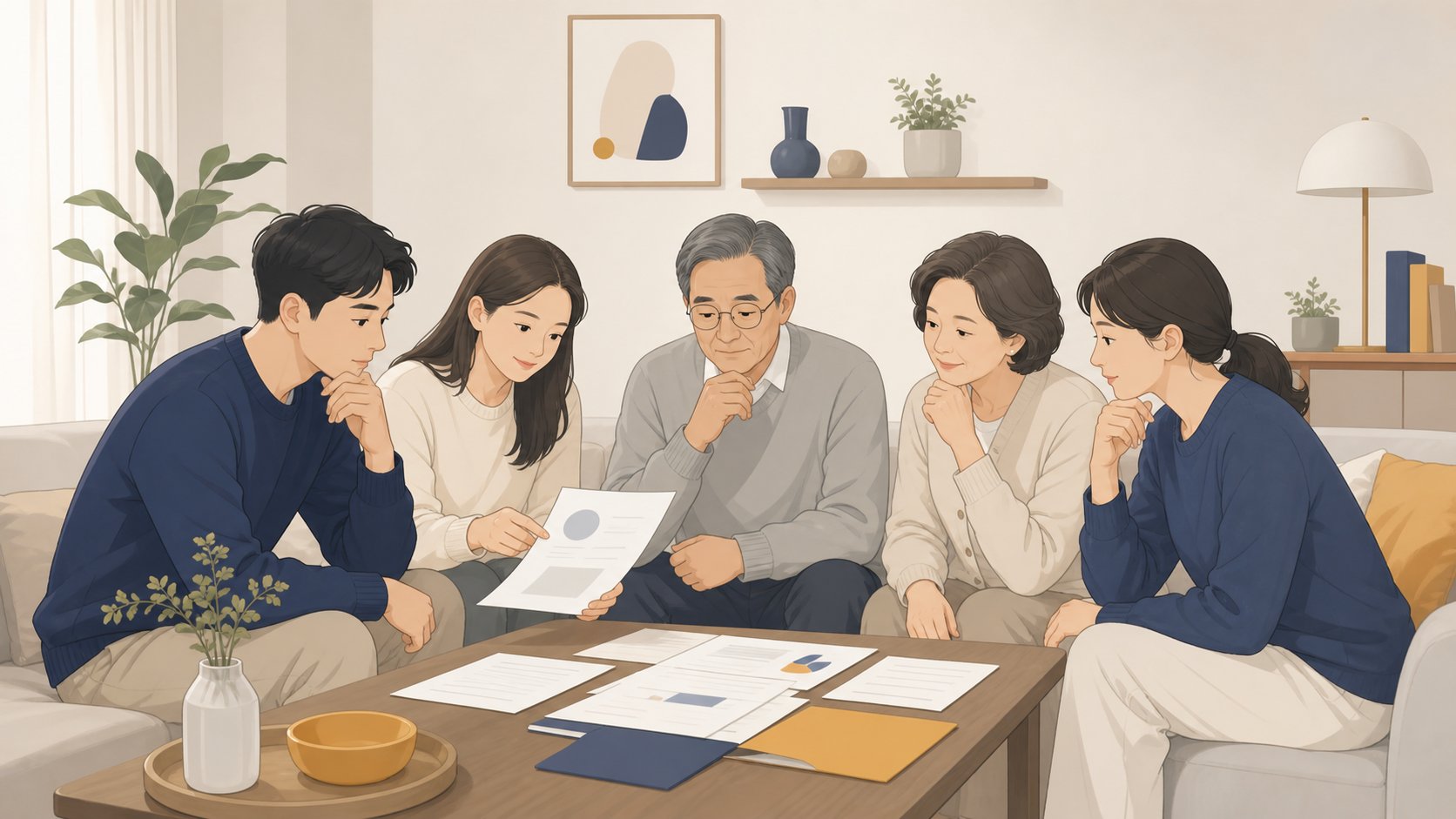 가족이 거실에서 누가 새 세대주가 될지 의논하며 서류를 살펴보는 모습