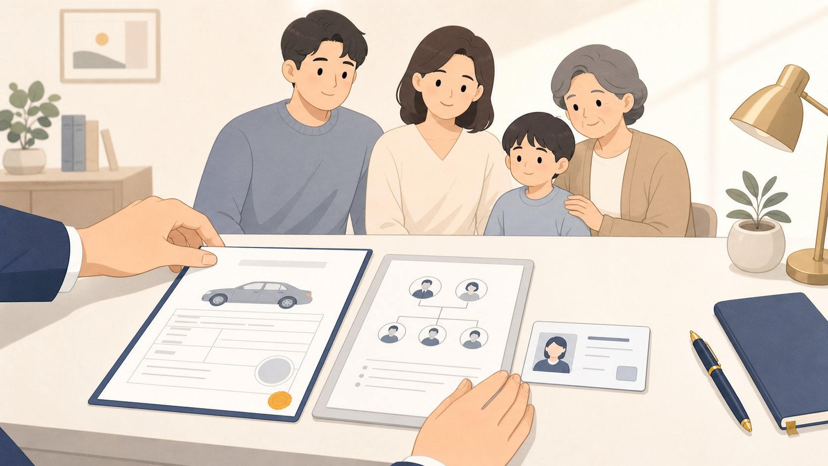 자동차등록증과 상속 관계 서류 신분증을 가지런히 정리하는 손