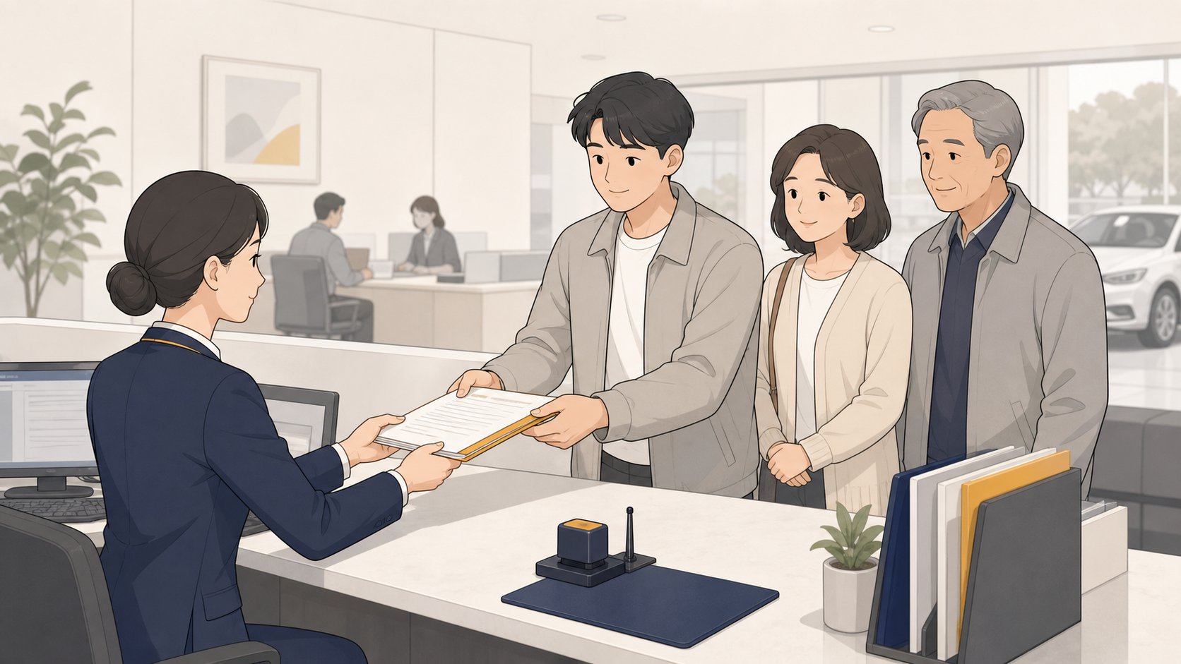 차량등록사업소 창구에서 상속인이 자동차 이전등록 서류를 제출하는 모습