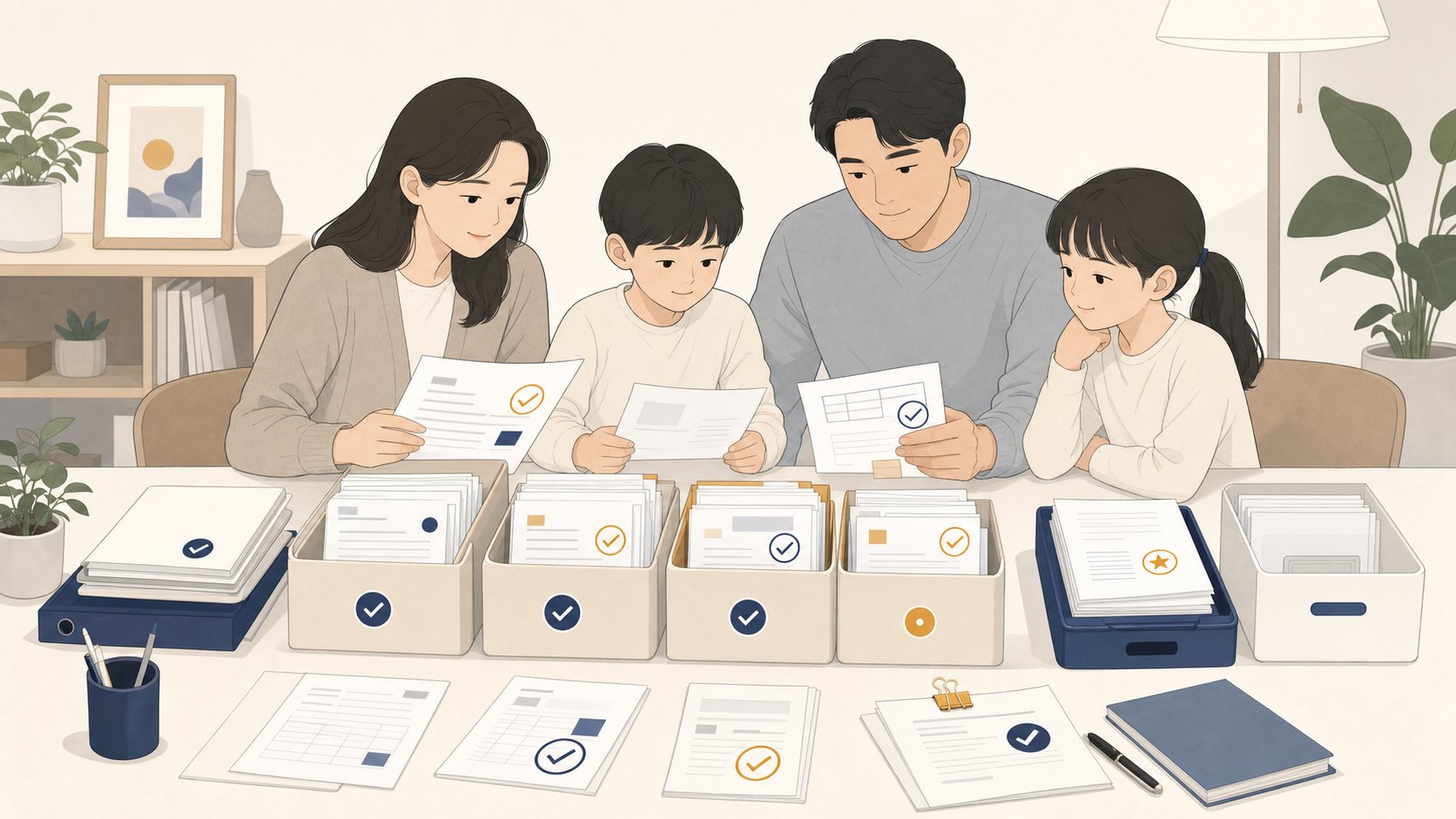 고지서와 청구서를 항목별 폴더에 분류해 정리한 책상 위 모습