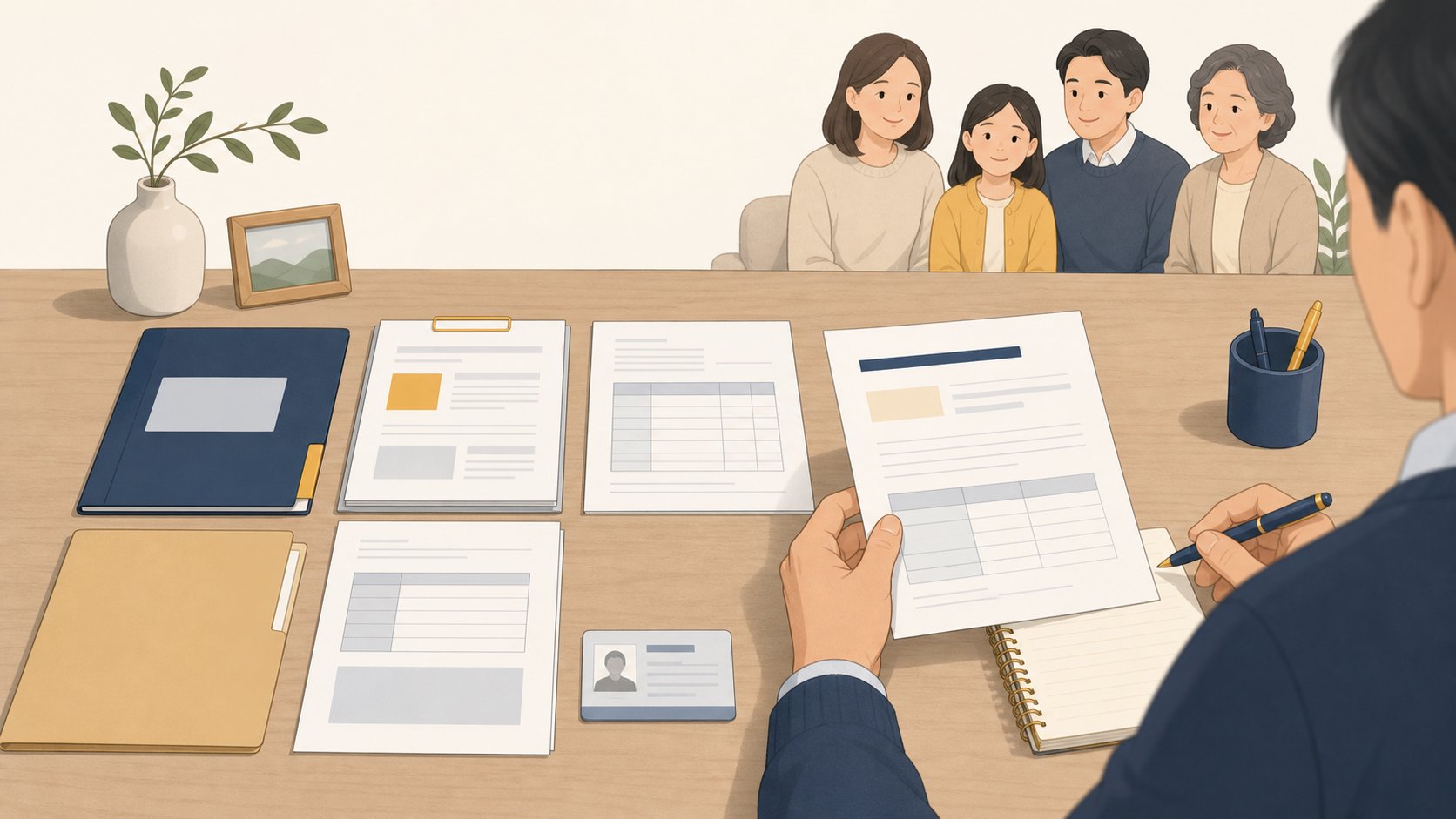 사망진단서와 신분 서류를 책상에 두고 정보를 확인하는 모습