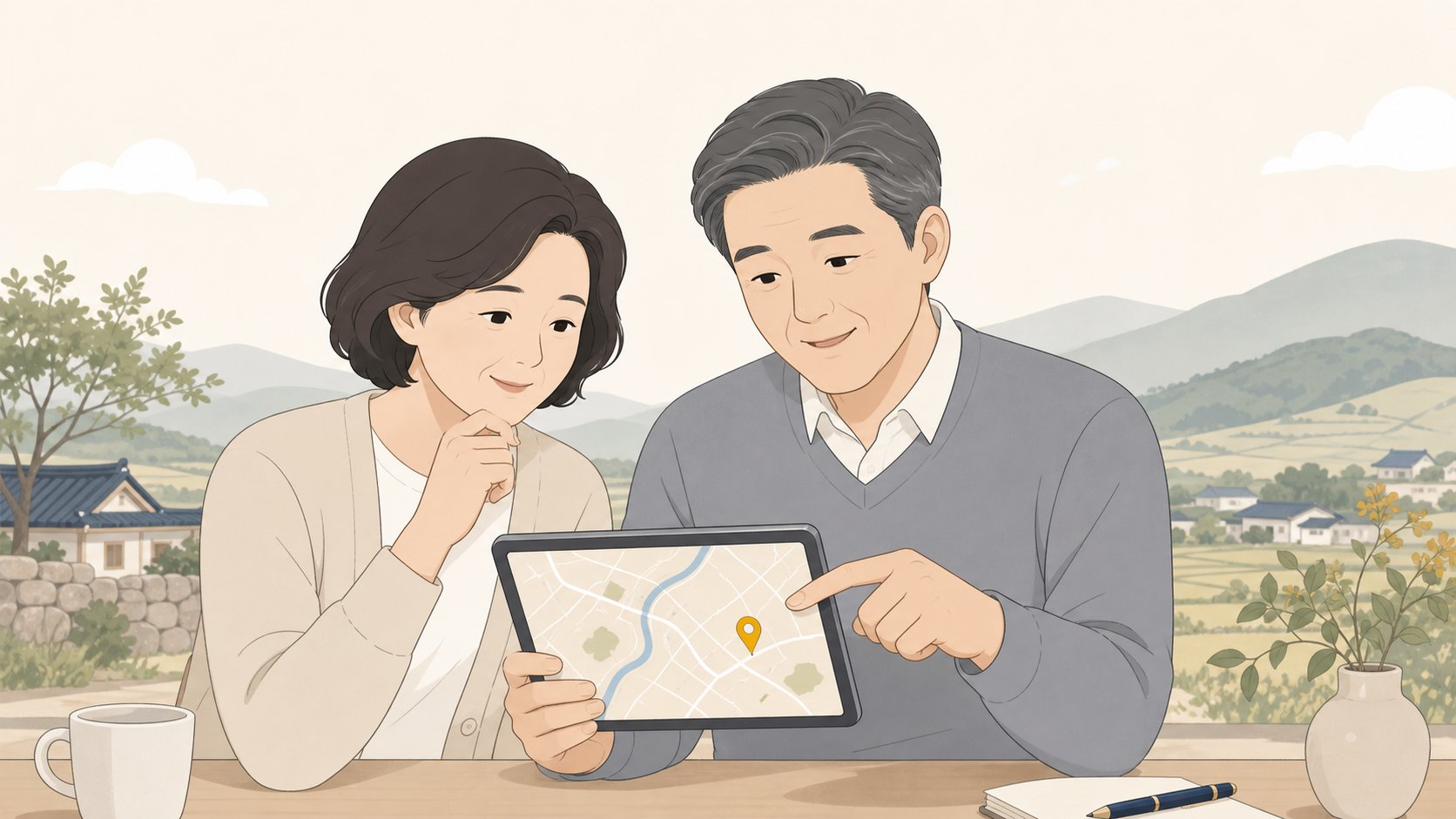 충청도 가족이 태블릿 지도로 인근 공설 화장장 위치를 확인하는 모습