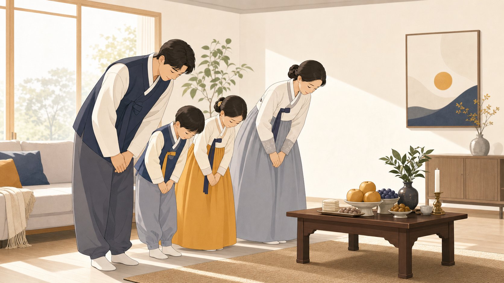 아침 햇살이 드는 거실에서 가족이 명절 상 앞에서 예를 갖추는 모습