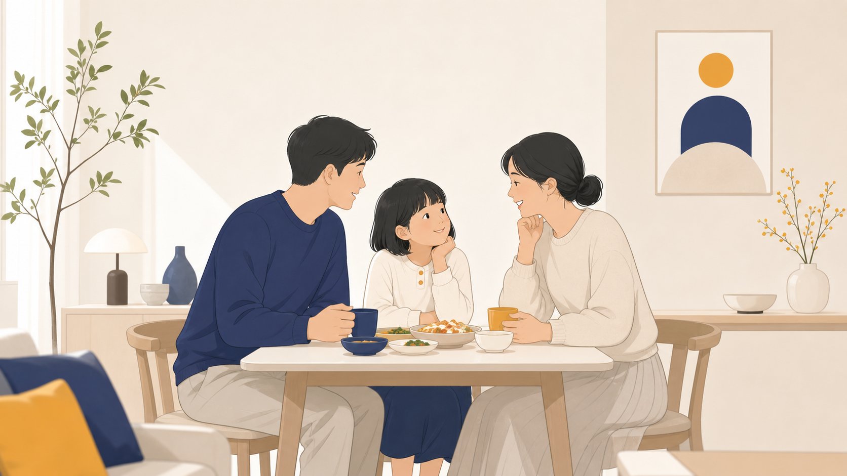 단출한 상에 둘러앉아 고인을 추억하는 가족의 모습