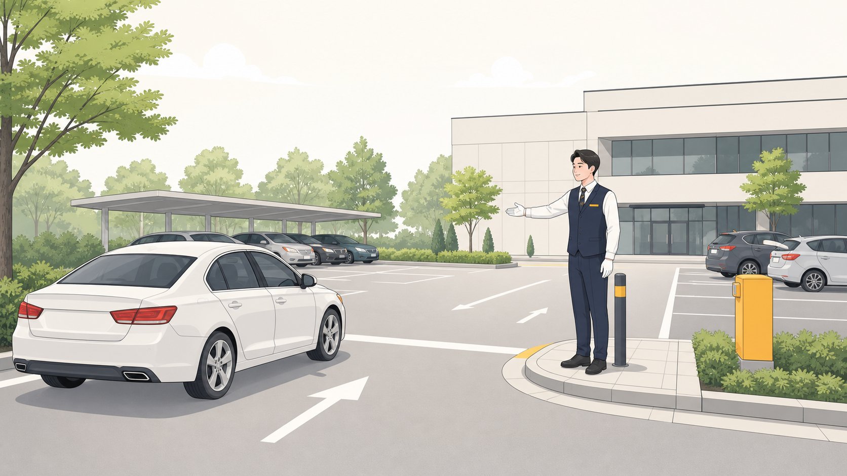 장례식장 주차장에 차량이 들어서고 안내 직원이 방향을 가리키는 모습