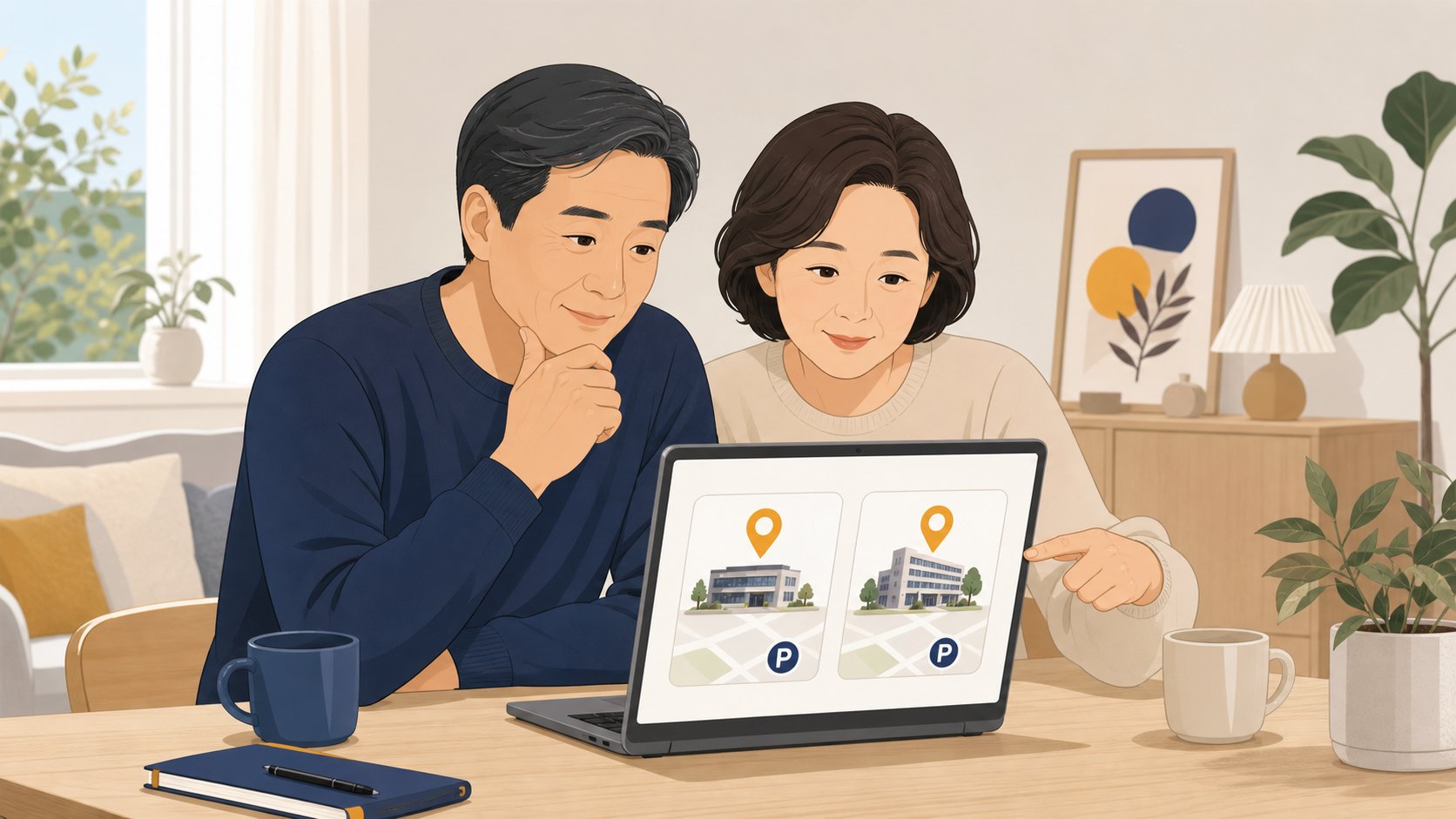 충청도 가족이 노트북으로 인근 장례식장 위치와 주차 정보를 비교하는 모습