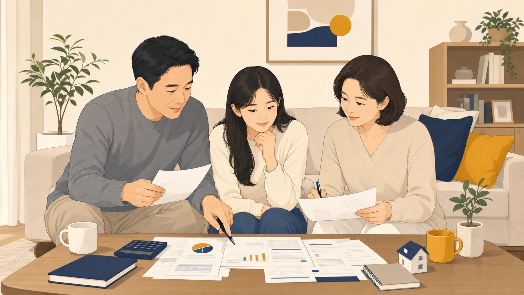 가족이 거실에서 서류와 가계 자료를 보며 의논하는 모습