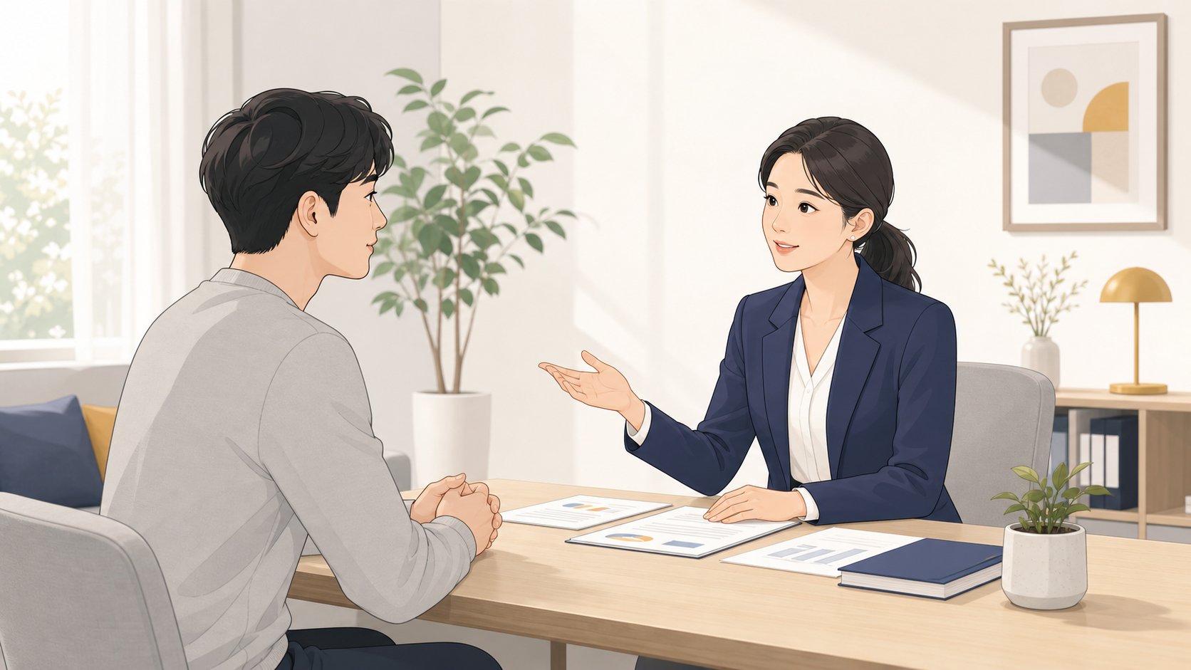 상담실에서 전문 상담사와 서류를 두고 상담하는 모습