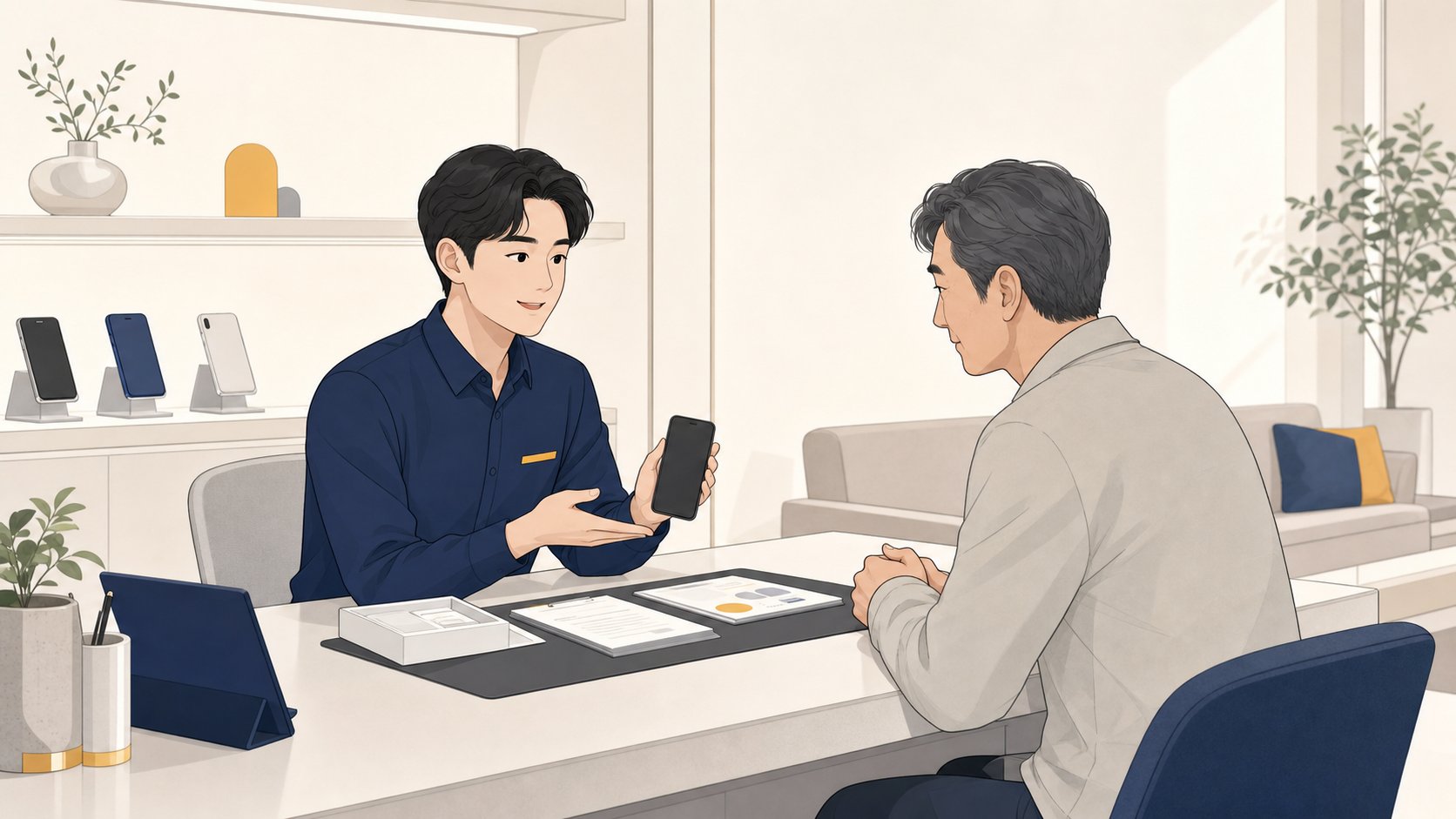 통신사 대리점 창구에서 직원이 유족에게 해지 절차를 안내하는 모습