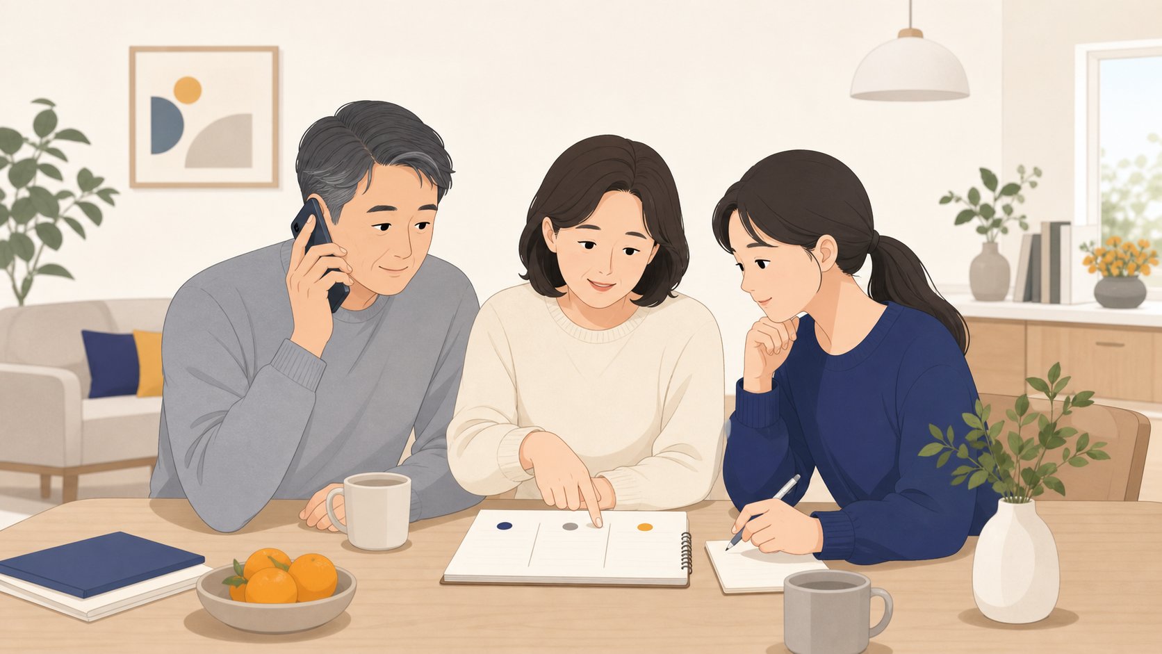 가족이 모여 누가 누구에게 연락할지 역할을 나누는 모습