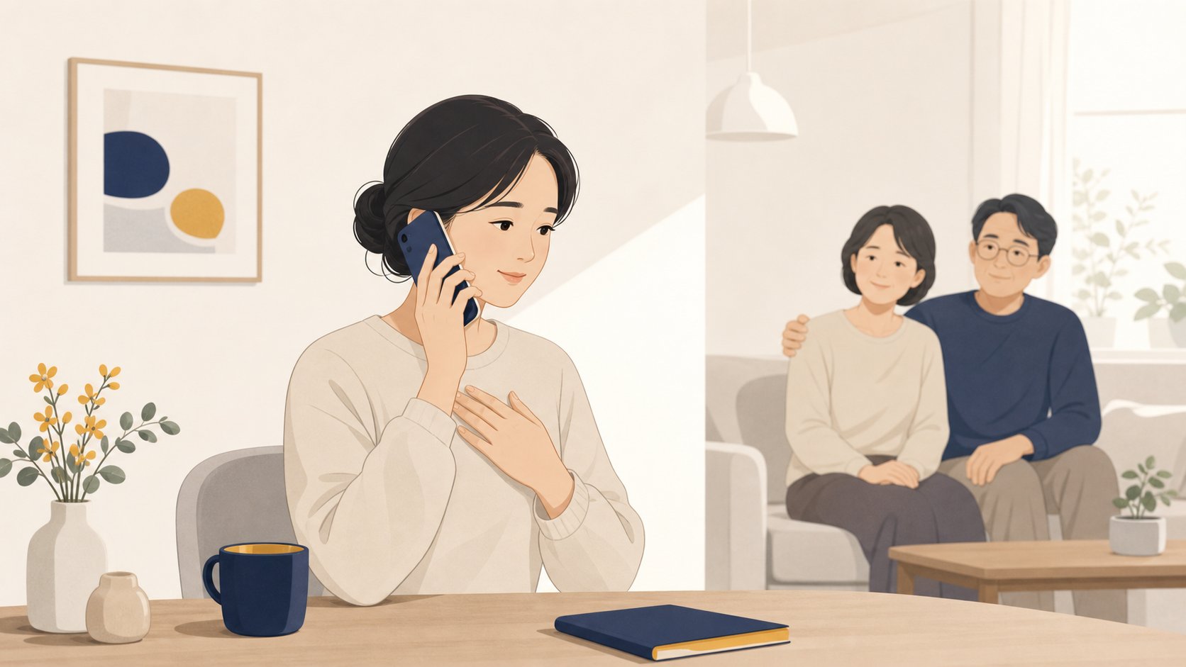 조용한 방에서 전화로 부고 소식을 정중하게 전하는 모습