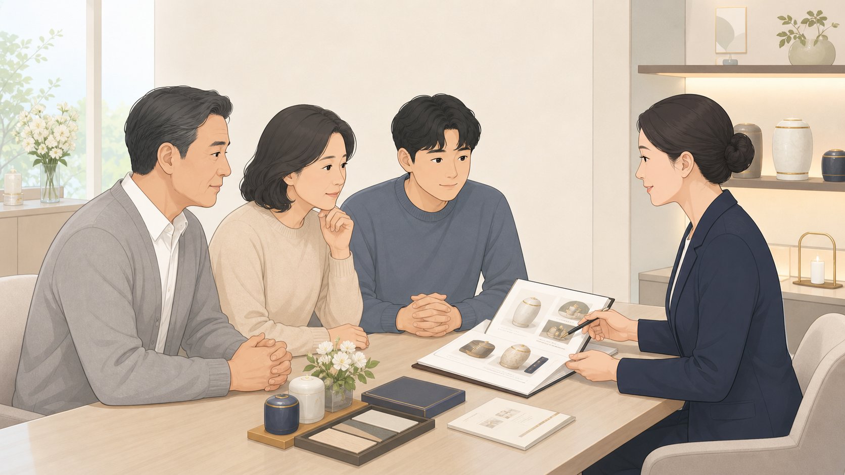 가족이 봉안시설 상담 창구에서 직원의 안내를 받는 모습