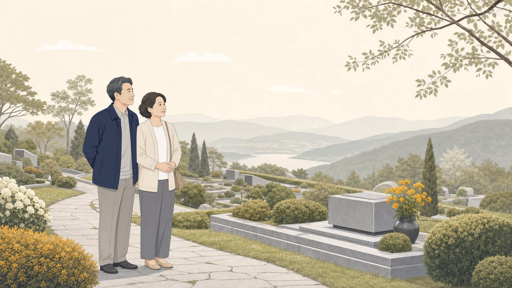 충청도 가족이 산자락의 단정한 추모 공간을 둘러보는 모습