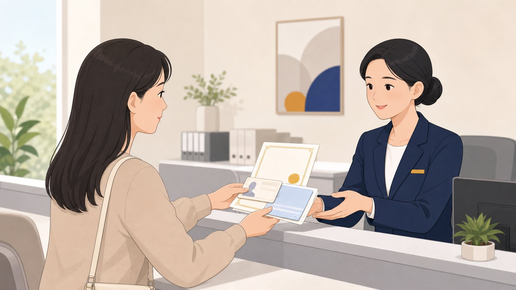안내 창구에서 직원에게 가입증서와 신분증, 통장 사본을 건네며 보상금을 청구하는 모습