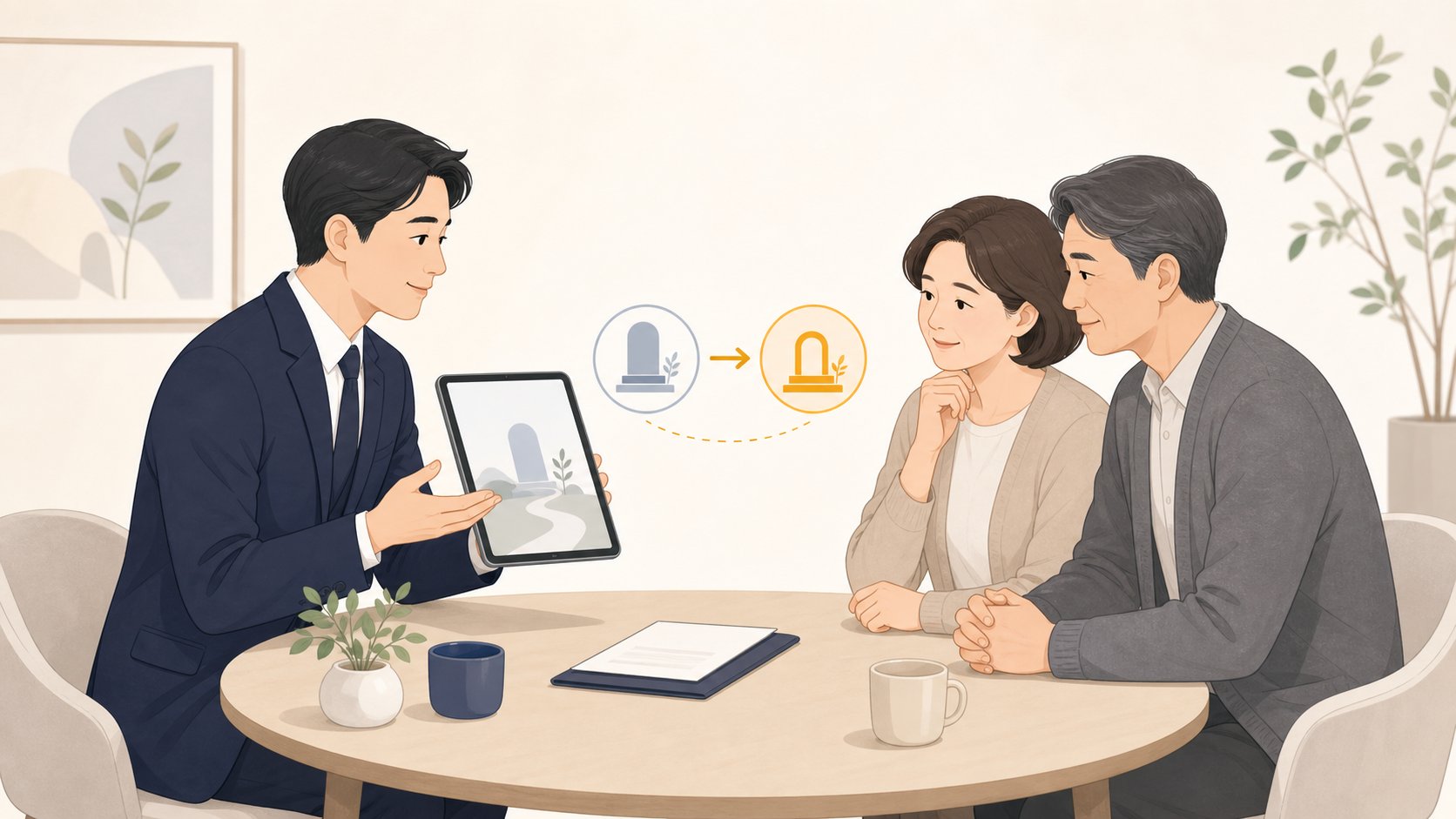 상담사가 태블릿으로 기존 납입 실적을 새 상조 서비스로 이어받는 방법을 가족에게 설명하는 장면