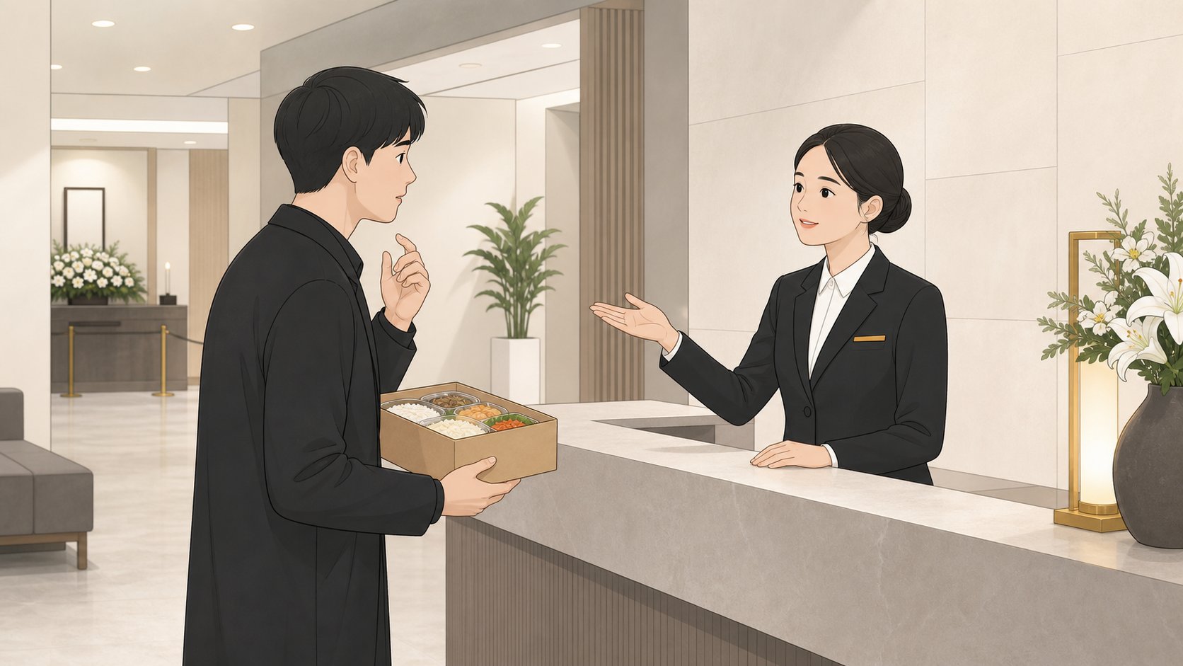 외부 음식 상자를 들고 장례식장 안내데스크에서 직원에게 반입 가능 여부를 문의하는 모습