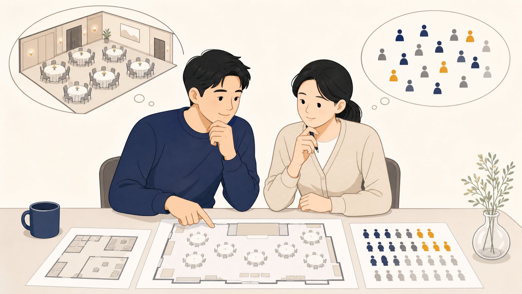 빈소 규모와 조문객 수를 가늠하며 필요한 도우미 인원을 의논하는 모습