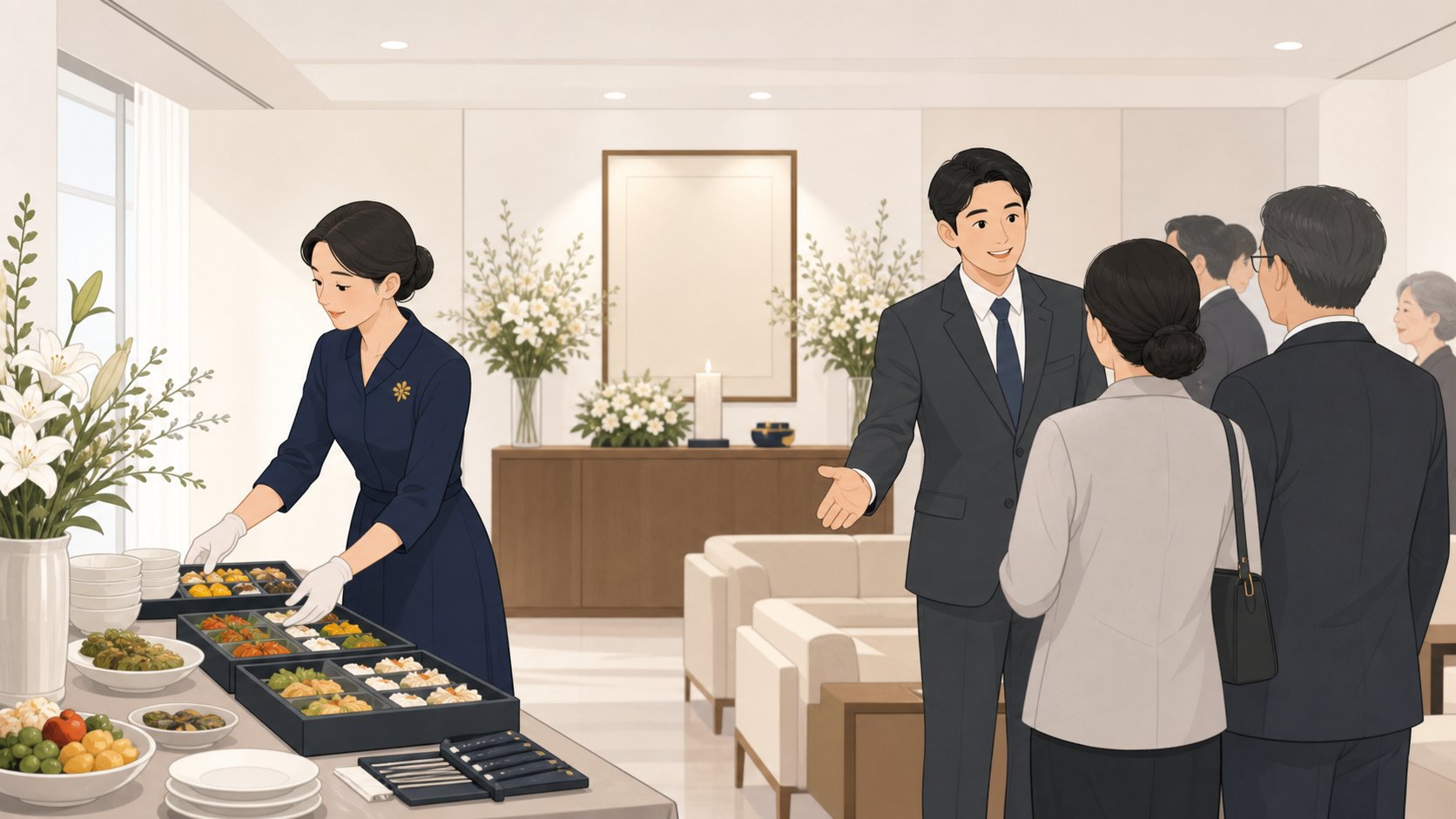 도우미와 유족이 접객실에서 음식 준비와 조문객 응대를 나누어 분담하는 장면