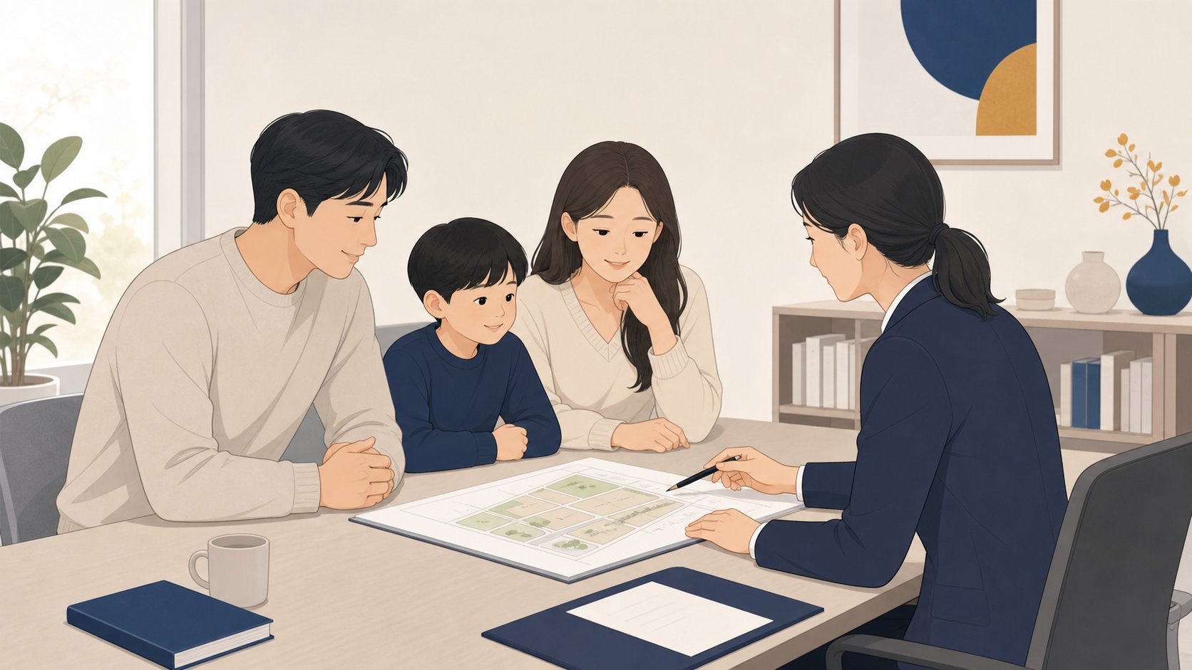 공원묘지 상담실에서 분양 계약서를 살펴보며 상담원과 절차를 상의하는 가족