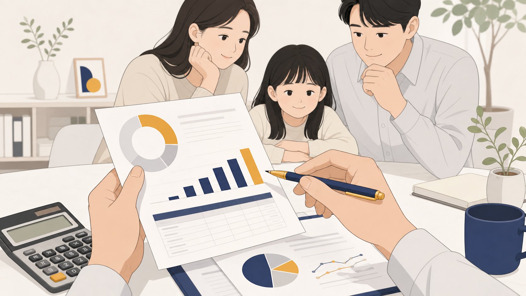 계산기와 환급 예상액 서류로 만기 환급률을 확인하는 손