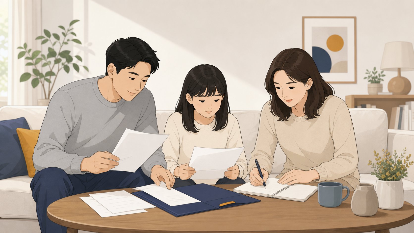 만기된 상조 계약 서류를 가족이 함께 정리하며 메모하는 거실 장면
