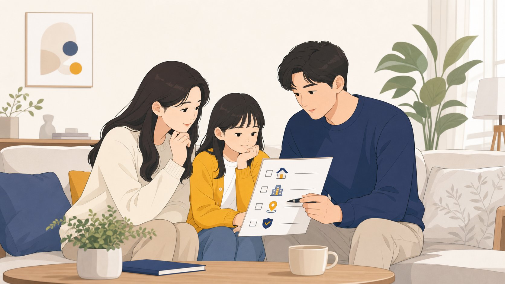 가족이 체크리스트를 보며 상조와 공제조합 중 무엇이 맞는지 의논하는 거실 장면