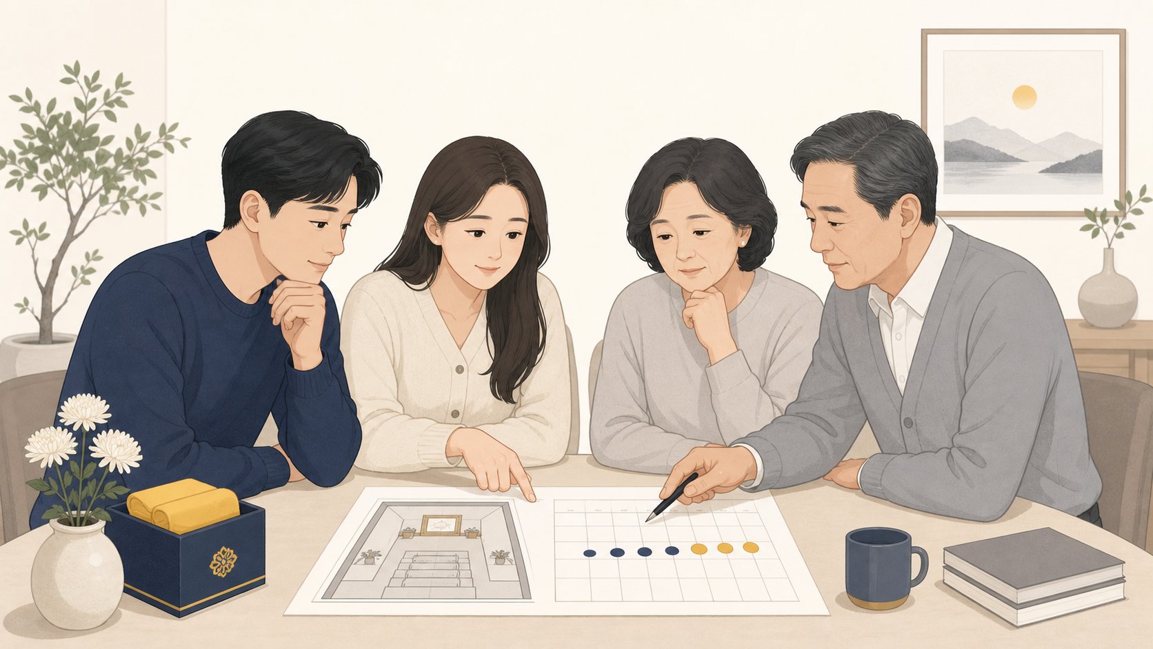 가족이 빈소 규모와 장례 일정을 의논하며 달력을 짚어보는 장면
