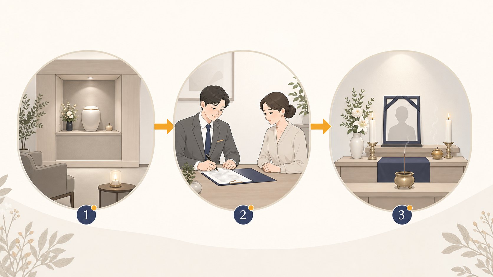 안치, 빈소 계약, 빈소 차림으로 이어지는 입실 절차 일러스트