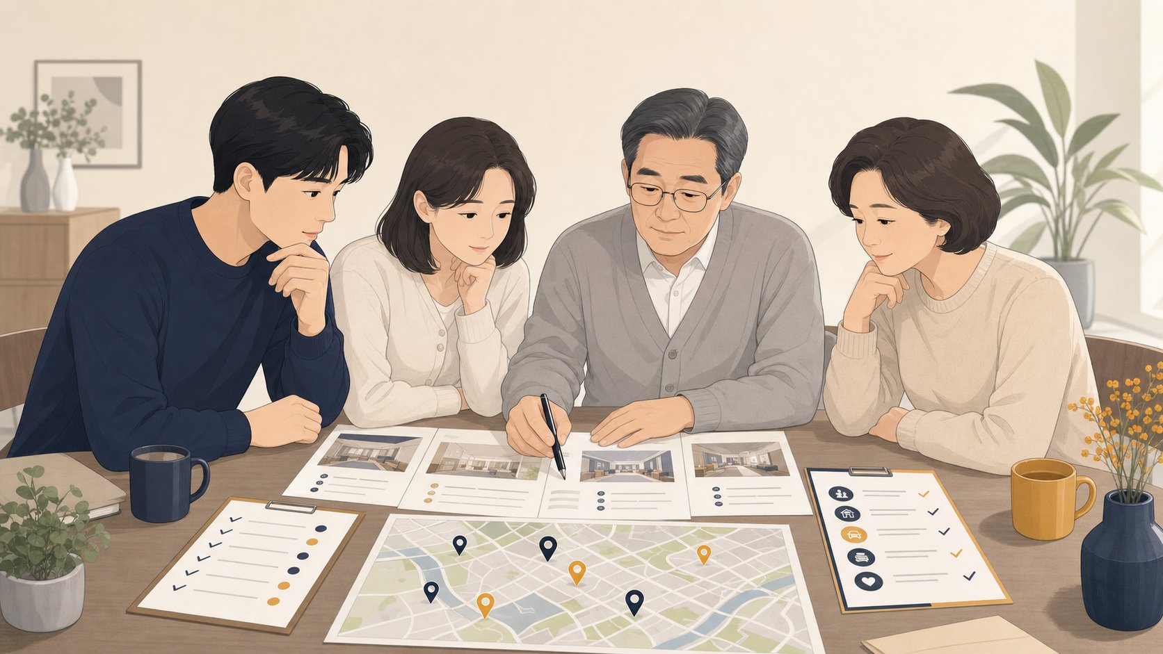 가족이 여러 장례식장의 견적과 위치를 비교하며 선택 기준을 점검하는 장면