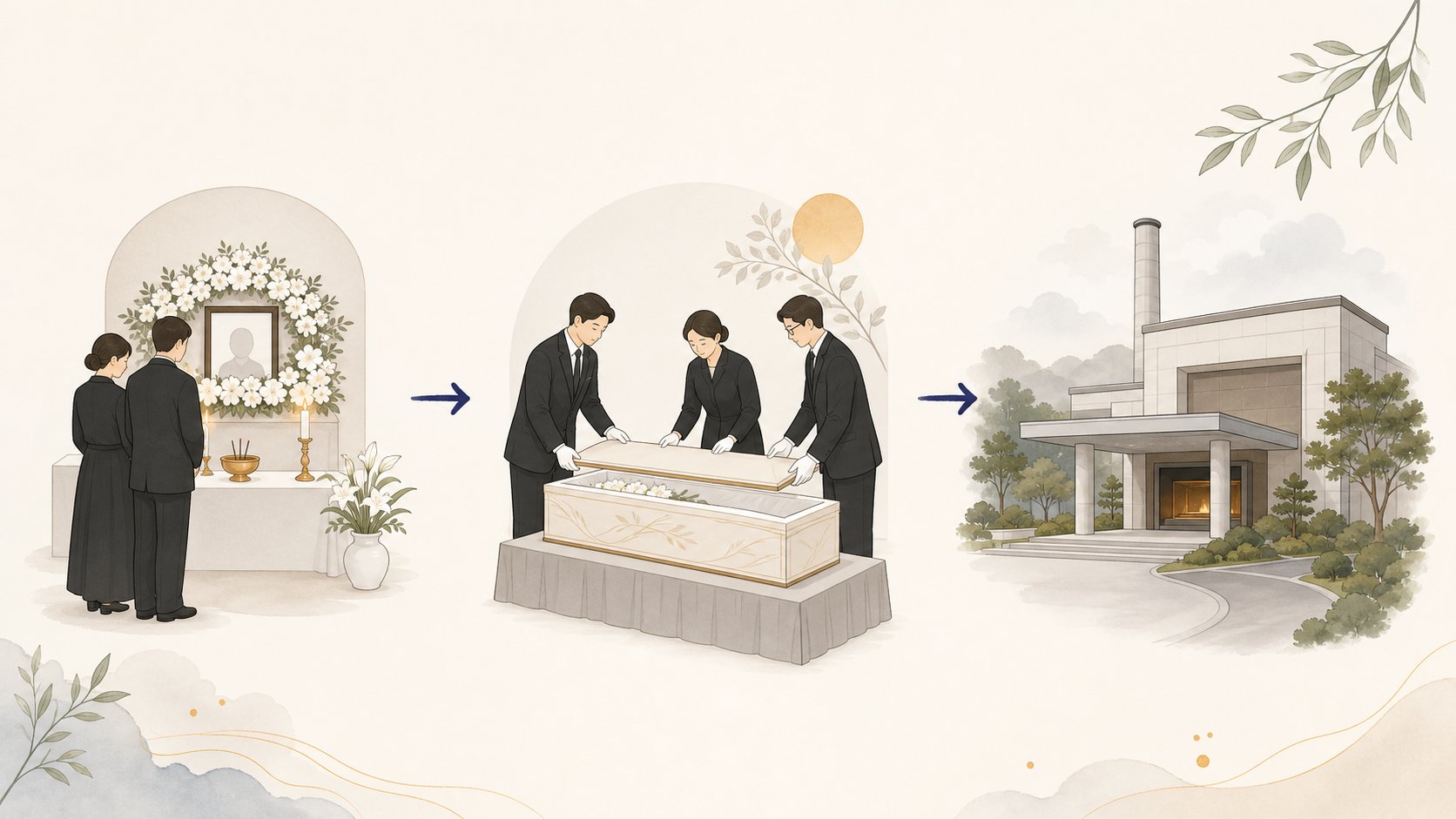 안치, 입관, 화장으로 이어지는 무빈소 1일장 절차 일러스트