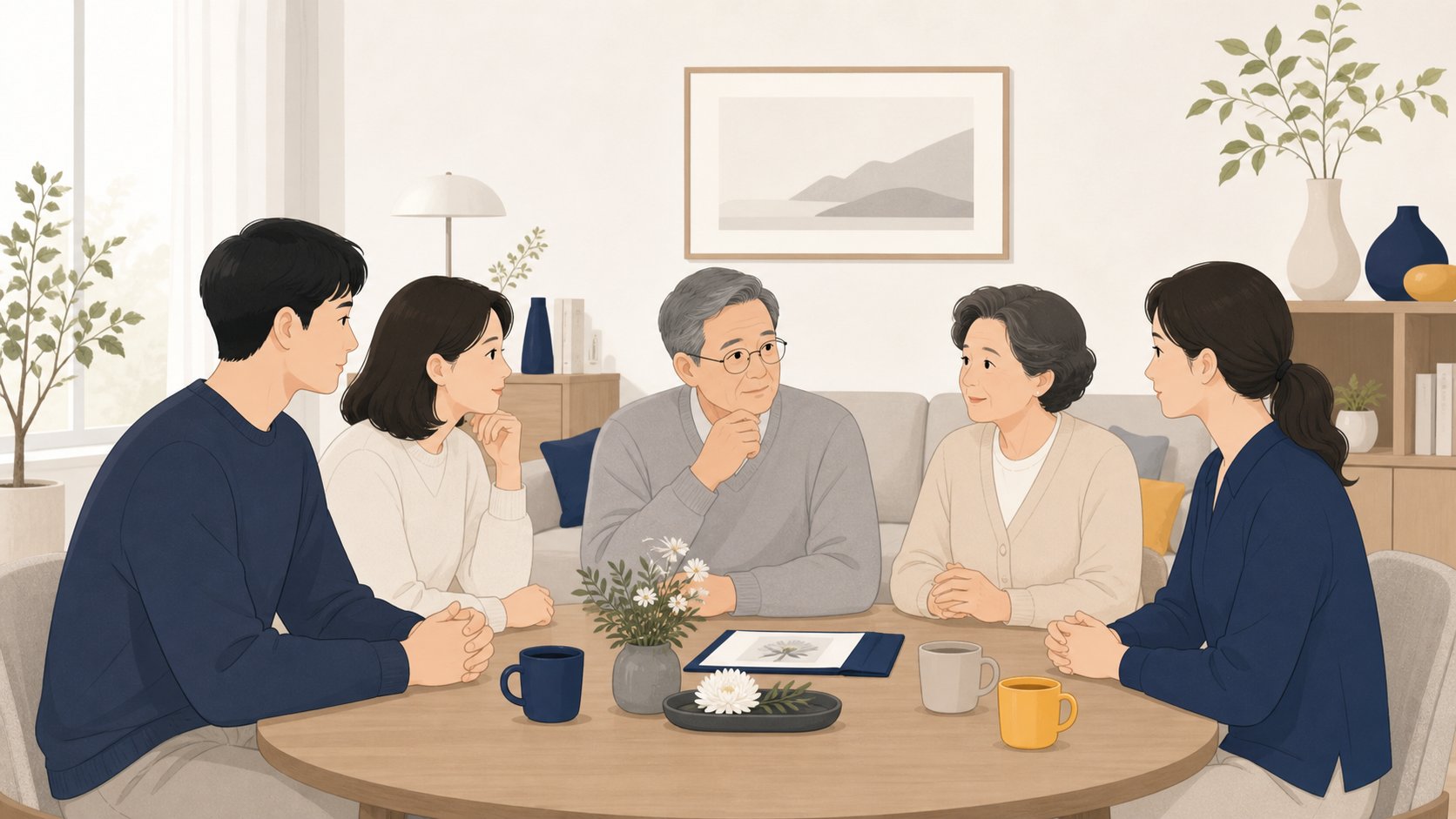가족이 둘러앉아 무빈소 장례 여부를 차분히 의논하는 거실 장면