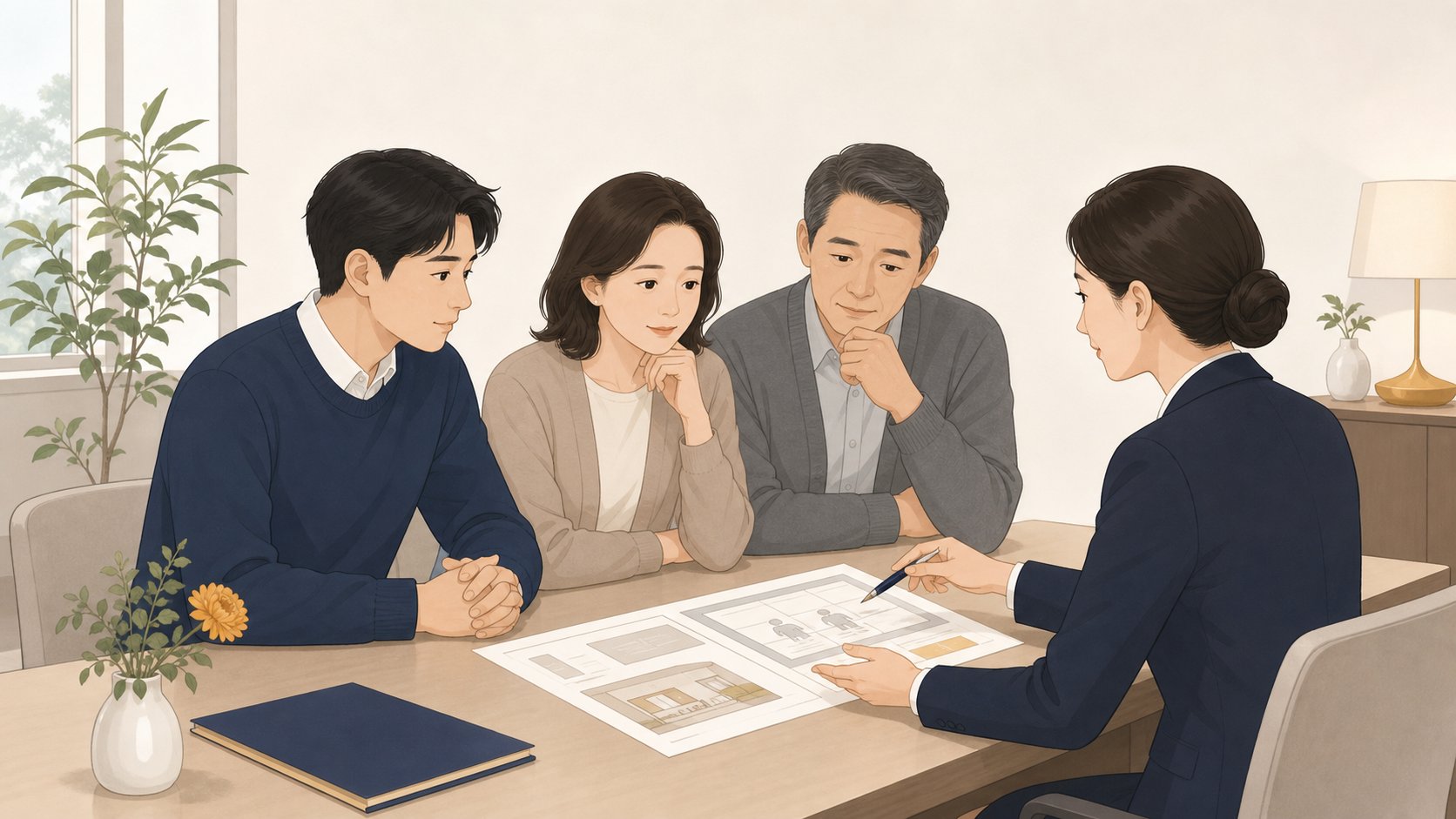 임종 장소와 조문객 규모에 따라 장례식장을 가늠하는 가족의 상담 장면
