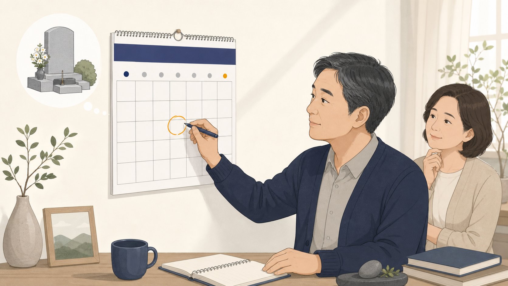 달력에 일정을 표시하며 비석 설치 시기를 잡는 모습