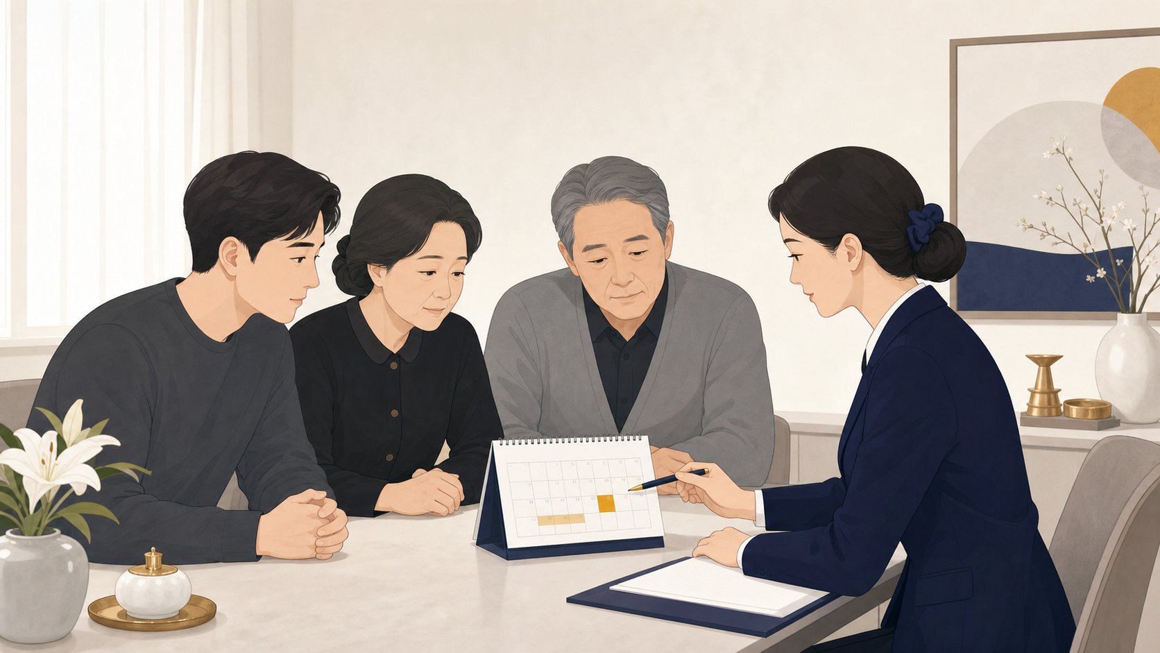 장례지도사와 시신 인도 예정일에 맞춰 빈소 일정을 조율하는 가족