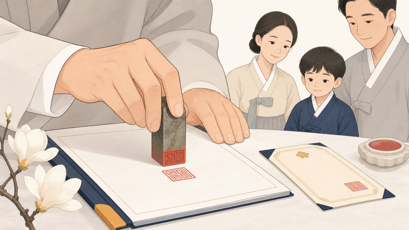 협의서에 인감도장을 찍고 인감증명서를 첨부하는 모습