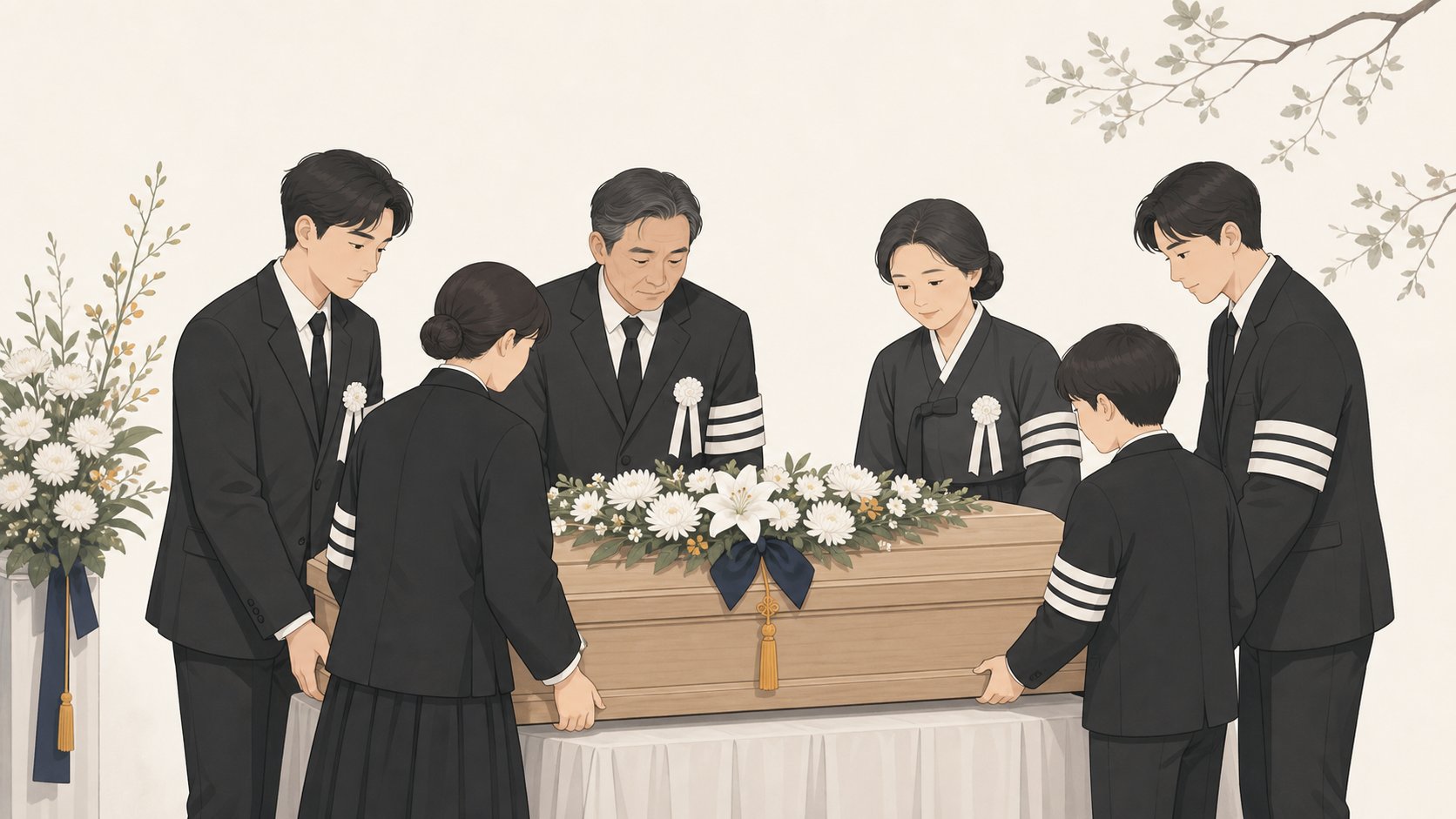 발인 날 완장과 리본을 갖춘 유족이 운구를 준비하는 모습
