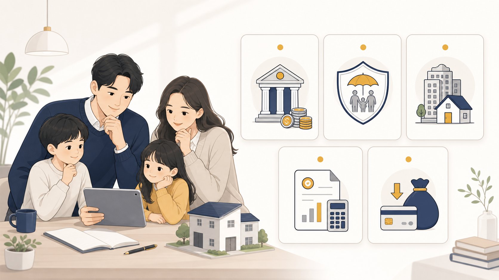예금 보험 부동산 세금 채무 항목을 카드로 정리한 도식